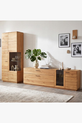 Massive Eiche Wohnwand mit Vitrine und TV-Kommode